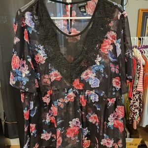 Torrid Black and Pink Floral Blouse